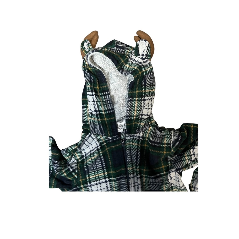 PJ Place One Piece Pajamas Kids Green Plaid Reindeer Hood - Sz 7/8